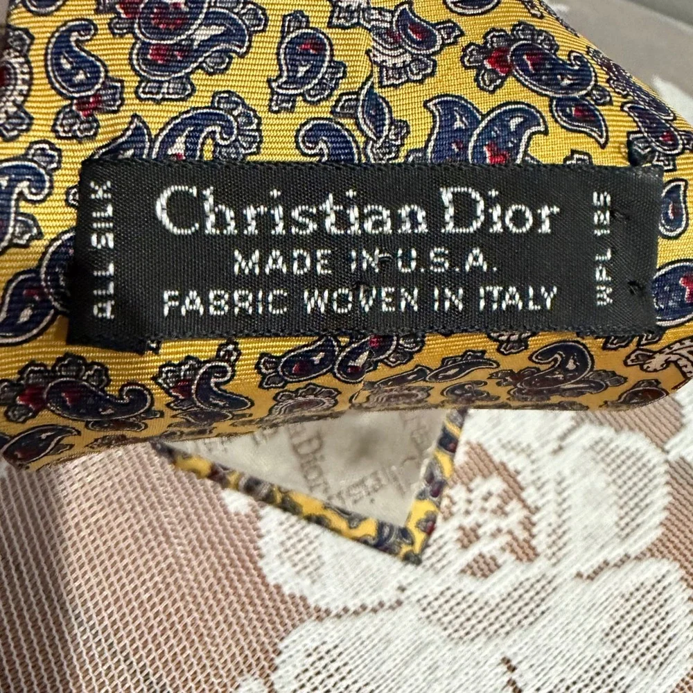 Christian Dior Necktie Mens‎ OS Yellow Excellent Silk Paisley Woven Italy USA